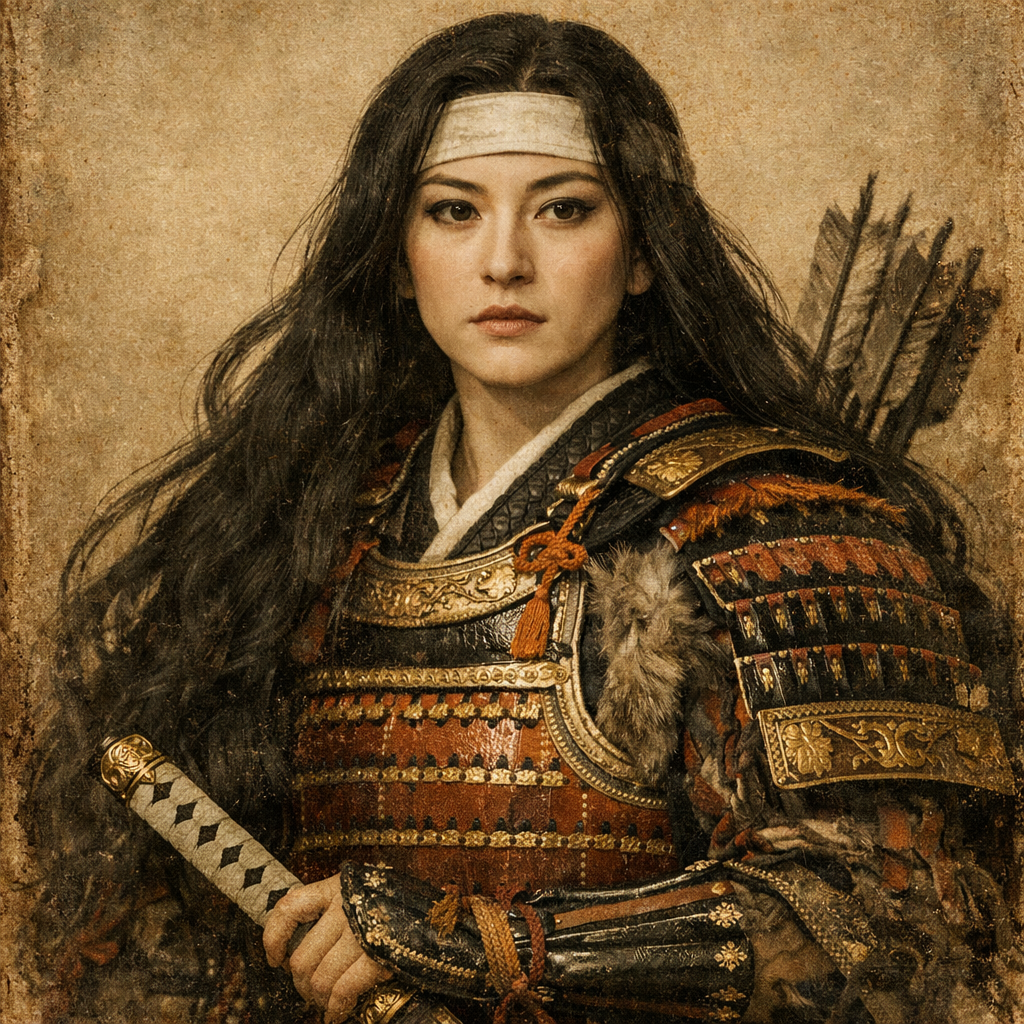 Old portrait of Tomoe Gozen the legendary female samurai of Japan She should be depicted in a poised and dignified manner wearing traditional samurai